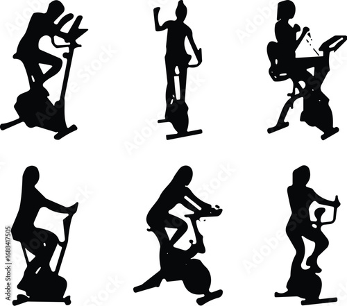 Fitness bike silhouettes, six figures, black outlines, white background, exercise equipment, cycling posture, gym workout, cardio training, motion