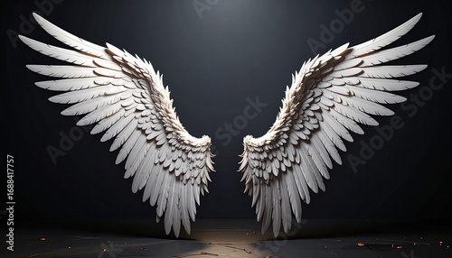 Symmetrical white wings spread open against dark background with detailed feathers and ethereal lighting symbolizing freedom spirituality and artistic elegance for fantasy and inspirational visuals