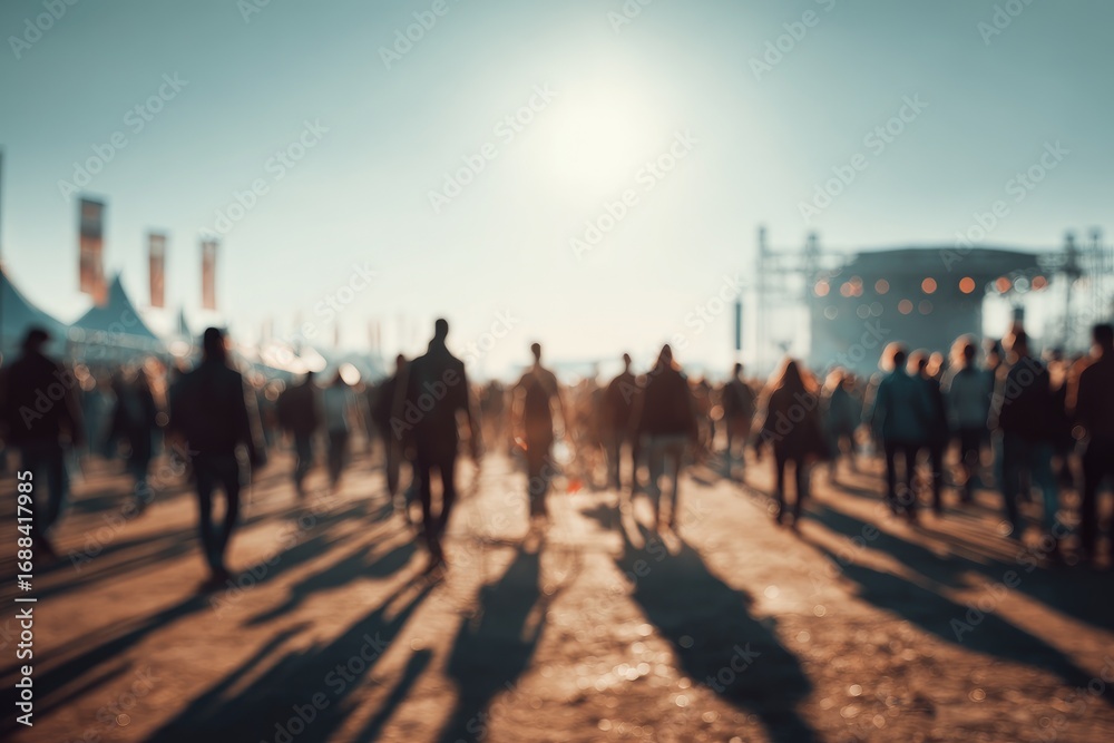 Obraz premium Blurred crowd at an outdoor event under bright sunlight, featuring a stage structure in the background. Warm tones dominate the image