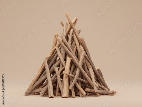 A conical pile of light brown, slender sticks rests on a pale beige background, suggesting kindling or firewood ready for a fire