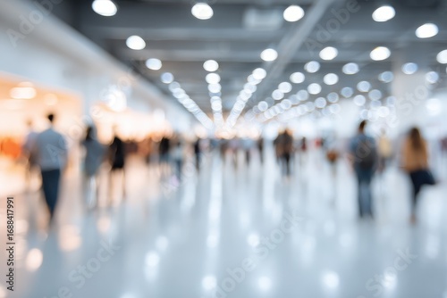 Blurred perspective showing figures walking across a large, bright hall with many round lights and light reflections on the floor