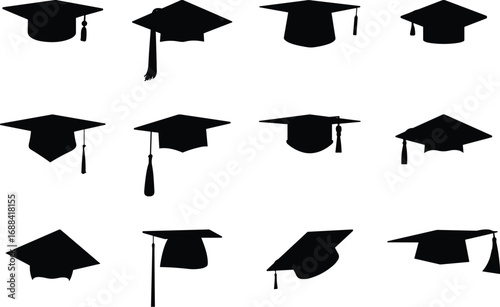 Graduation cap silhouettes, academic achievement, mortarboard icons, tassel styles, education symbols, ceremony elements, black vector, school success