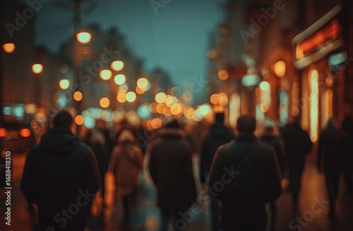 Wallpaper Mural Blurred urban scene at dusk. Crowded street with pedestrians and warm streetlights evoke a sense of anonymity and bustling city life Torontodigital.ca