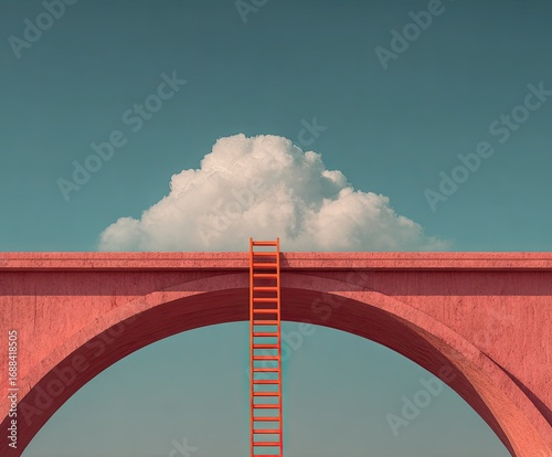 A coral-toned arched bridge, centered under a fluffy white cloud, features a vibrant orange ladder descending from the cloud to the ground, set against a muted teal sky