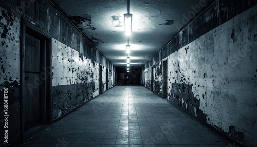 Gloomy Abandoned Hallway Perspective with Dim Fluorescent Lights and Decaying Walls and Doors Creating a Creepy Atmosphere