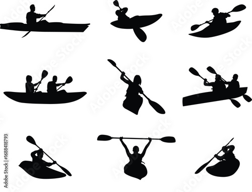Kayaking silhouette, canoe paddling vector, black water sport icon, outdoor adventure, tandem kayak, action pose, recreation, fitness