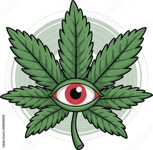 Psychedelic cannabis leaf with red eye, marijuana illustration, trippy weed art, surreal design, stoner graphic, visionary vector style