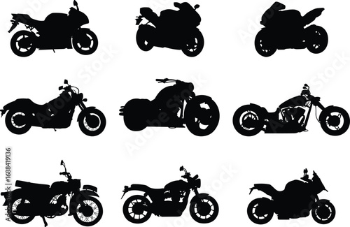 Motorcycle silhouette collection, black vector icons, sport bike, cruiser, touring motorcycle, transportation, speed, design, lifestyle, vehicle