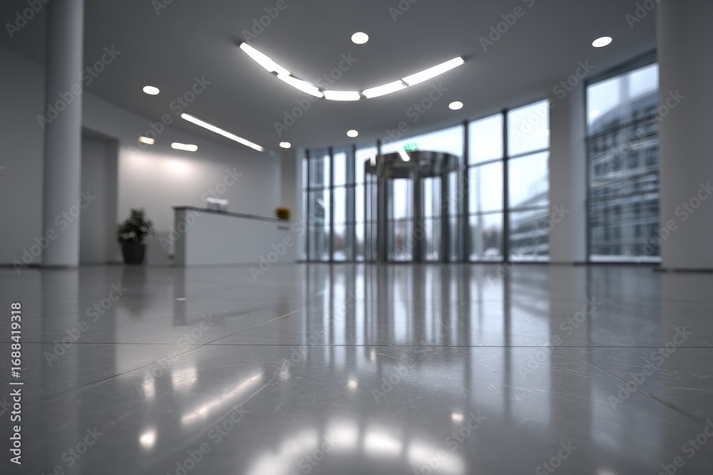 Fototapeta premium Blurred interior with shiny tiled floor leading to a revolving door, illuminated by artificial lighting. Soft focus creates a sense of spaciousness