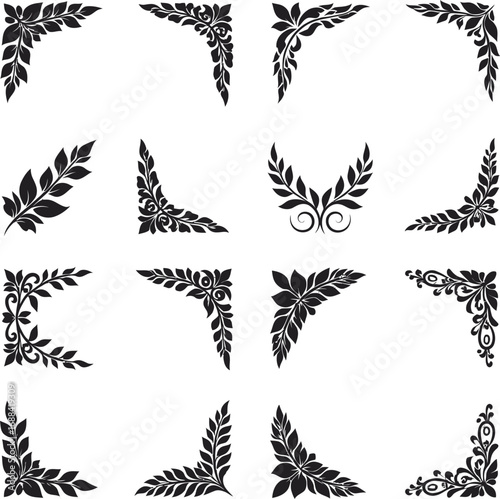 Elegant Floral Corner Ornaments Set, Decorative Vector Icons