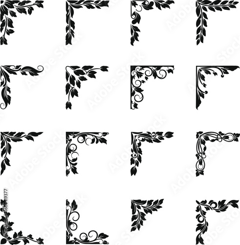 Elegant Floral Corner Ornaments Set, Decorative Vector Icons