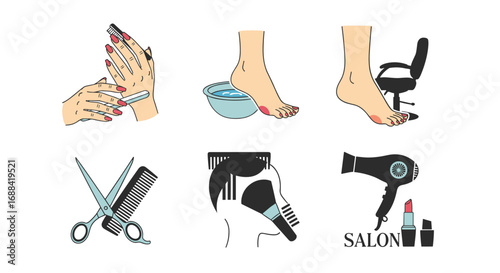 Professional beauty salon icons showcasing manicure pedicure hairstyling and makeup services for ultimate pampering and transformation, Generative AI.