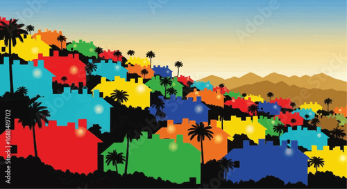 Vibrant illustration of colorful houses on a hillside with palm trees and distant mountains under a gradient sky.
