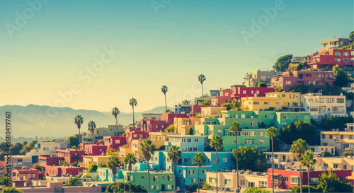 Colorful hillside houses under a clear blue sky, showcasing vibrant architecture and urban landscape.