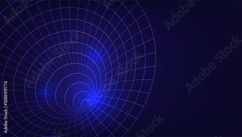 Abstract digital tunnel with glowing blue grid lines and light flares, ideal for technology, sci-fi and virtual space concepts