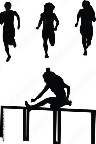 Silhouette athletes running and hurdling in track competition, sports training fitness exercise, professional race runners illustration