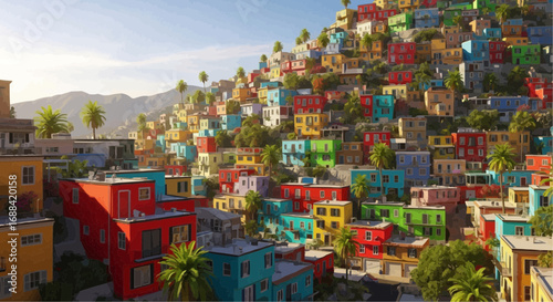 Colorful hillside village with vibrant buildings and lush vegetation.