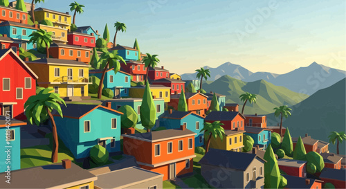 Colorful hillside town with vibrant houses and palm trees, nestled against a mountain range.