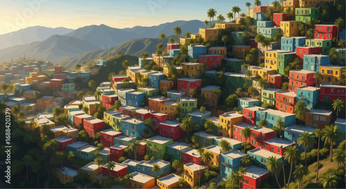 Vibrant hillside community with numerous colorful houses nestled among lush green trees under a bright sky.
