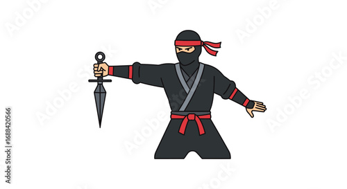 Cartoon Ninja Holding Dagger, Wearing Black Costume and Red Headband.