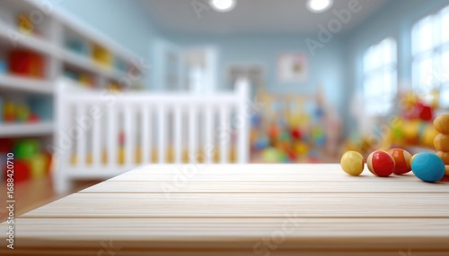 Blurred nursery background featuring a wooden table foreground and pastel colors, with colorful toys scattered around the room
