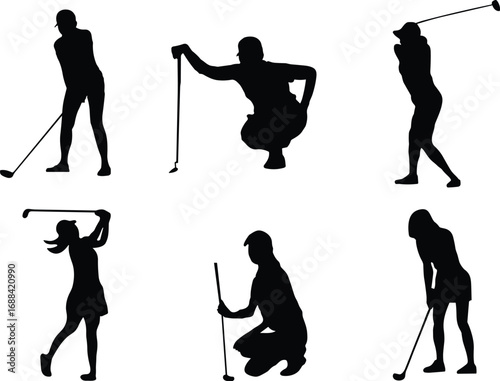Silhouette golfers playing golf, practicing swing, putting, professional sports activity, athletic players, golf game, outdoor competition