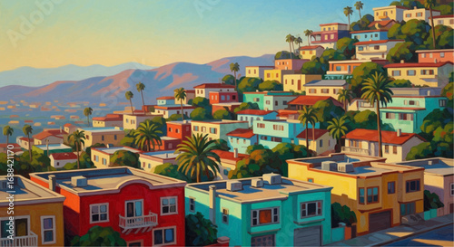 Colorful hillside houses in a vibrant Californian landscape.