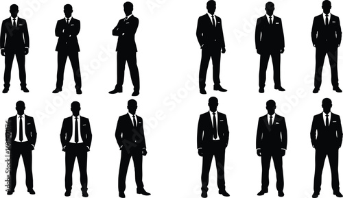 Twelve male business silhouettes in formal attire and varied poses—ideal for corporate themes, posture studies, and professional design use