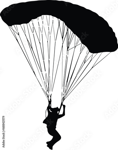 Silhouette of parachutist with parachute, skydiving descent, aerial sport, black figure, white background, outdoor activity, motion