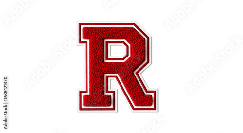 A red varsity letter r with a white outline isolated on a white background representing achievement and education
