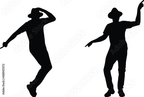 Silhouette, dancers, hats, performance, expressive, movement, celebration, urban, rhythm, stage, energy, pose, microphone, black, white, contrast, dynamic