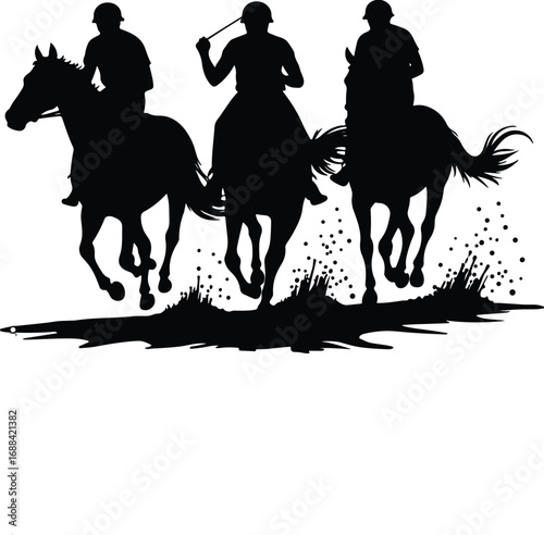 Silhouette of three horse riders racing, dynamic equestrian action, speed, power, motion, competition, sport, adrenaline, intensity
