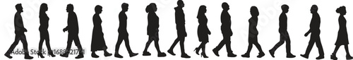 Silhouettes of diverse people walking in line, motion study, urban crowd, human movement, lifestyle, fashion, individuality