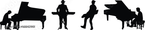 Silhouettes of musicians with pianos, seated and standing poses, black figures, white background, music, performance, instrument, posture