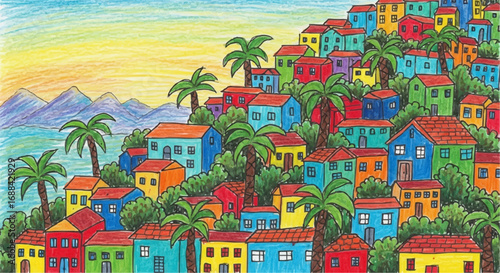 Colorful hillside town with palm trees and mountains in the background.