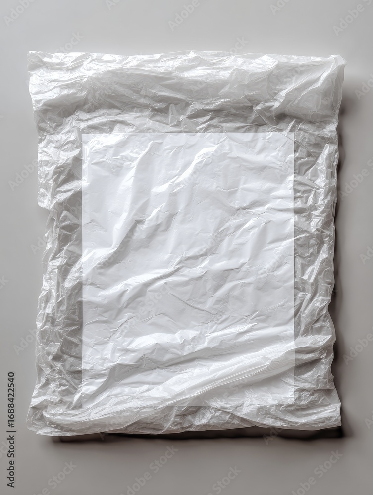 Obraz premium A crumpled, translucent plastic sheet overlays a blank, rectangular card on a neutral background. The plastic's texture is prominent, showing wrinkles and folds