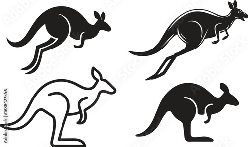 Stylized kangaroo silhouettes in motion, graphic animal design, abstract wildlife illustration, leaping kangaroo art, black and white