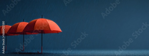 Red umbrellas in a downpour