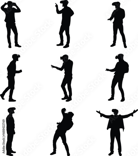 Virtual reality headset users, immersive experience, people interacting with VR, black silhouettes, isolated on white background