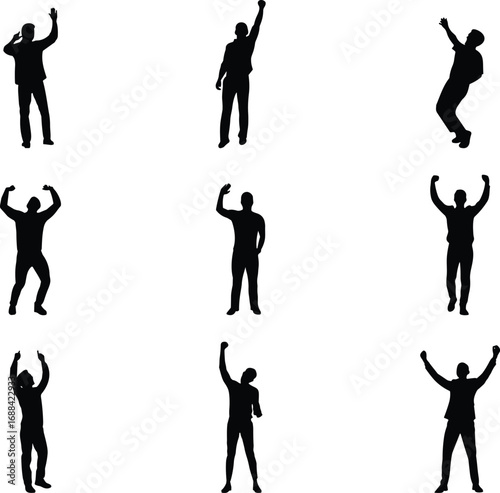 Victory silhouette, triumphant pose, raised arms, black vector icon, celebration, success, achievement, joy, winner, dynamic figure