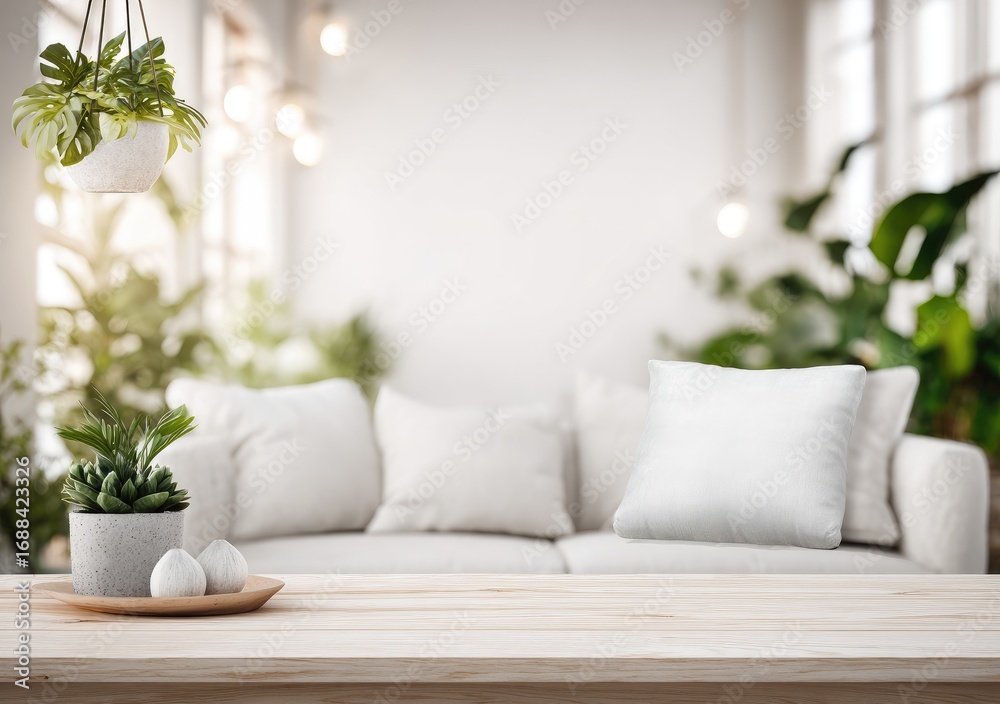 Naklejka premium Bright, airy living room interior with a light wood table and white sofa, accented by lush green plants and soft, natural lighting