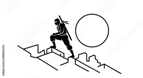 Silhouette of a ninja warrior climbing a stylized cityscape under a full moon.