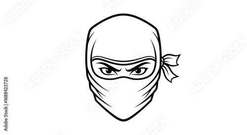 A black and white line art illustration of a ninjas head, with a covered face, intense eyes, and a tied headband.