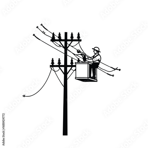 Lineman in Bucket Truck Working on Power Lines electricity