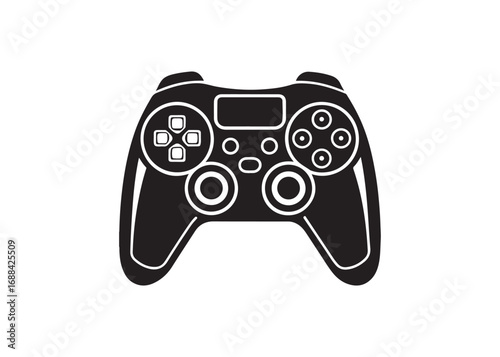 Silhouette of gaming joystick, black vector illustration of game controller icon isolated on white background.
