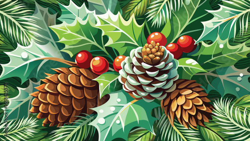 A beautiful Christmas pine tree branch with natural cones, winter holiday decorations, and green needles