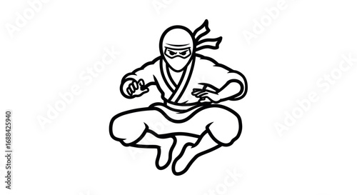 Dynamic Line Art Depiction of a Crouching Ninja Warrior in Action.