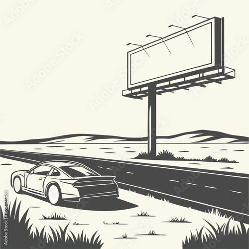 Black and White Illustration of a Car Driving Past a Billboard on a Desert Road