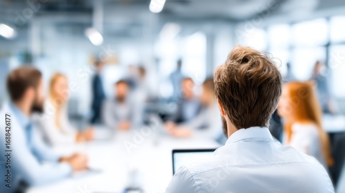 Back view of a man in a white shirt in a meeting, blurry group around a table in a bright office setting. People collaborating