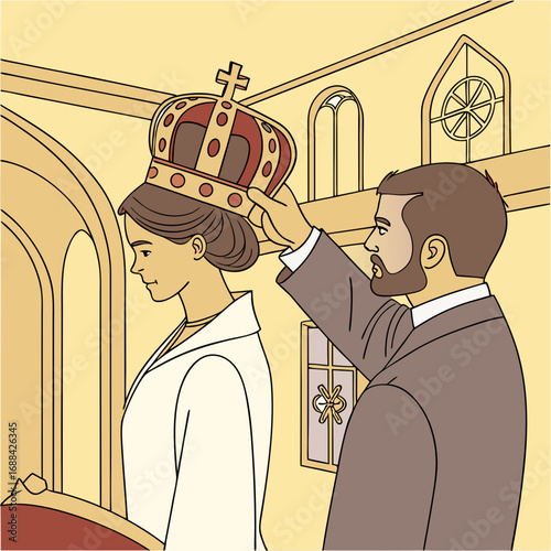 Coronation Ceremony Illustration: A Man Places a Golden Crown on a Woman's Head in a Beige Church
